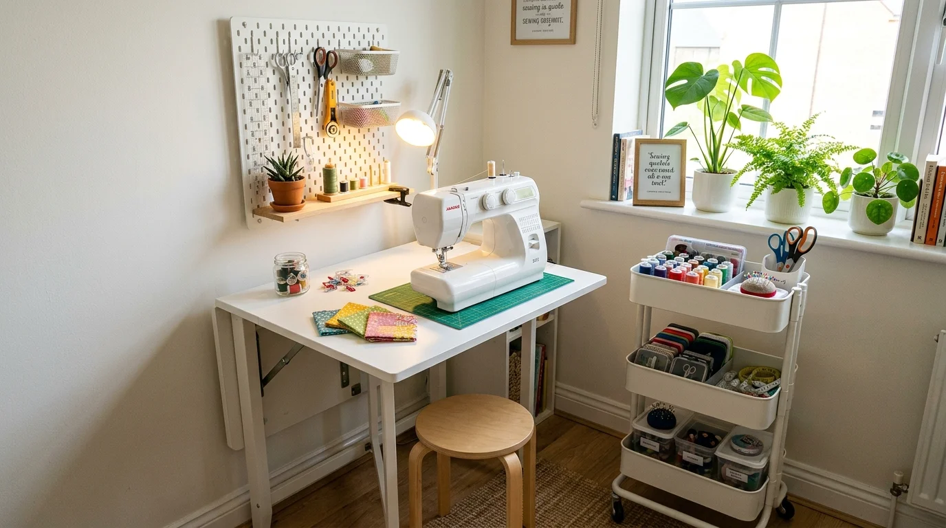 A small sewing space with foldable table and compact storage bright lighting efficient space saving setup no people