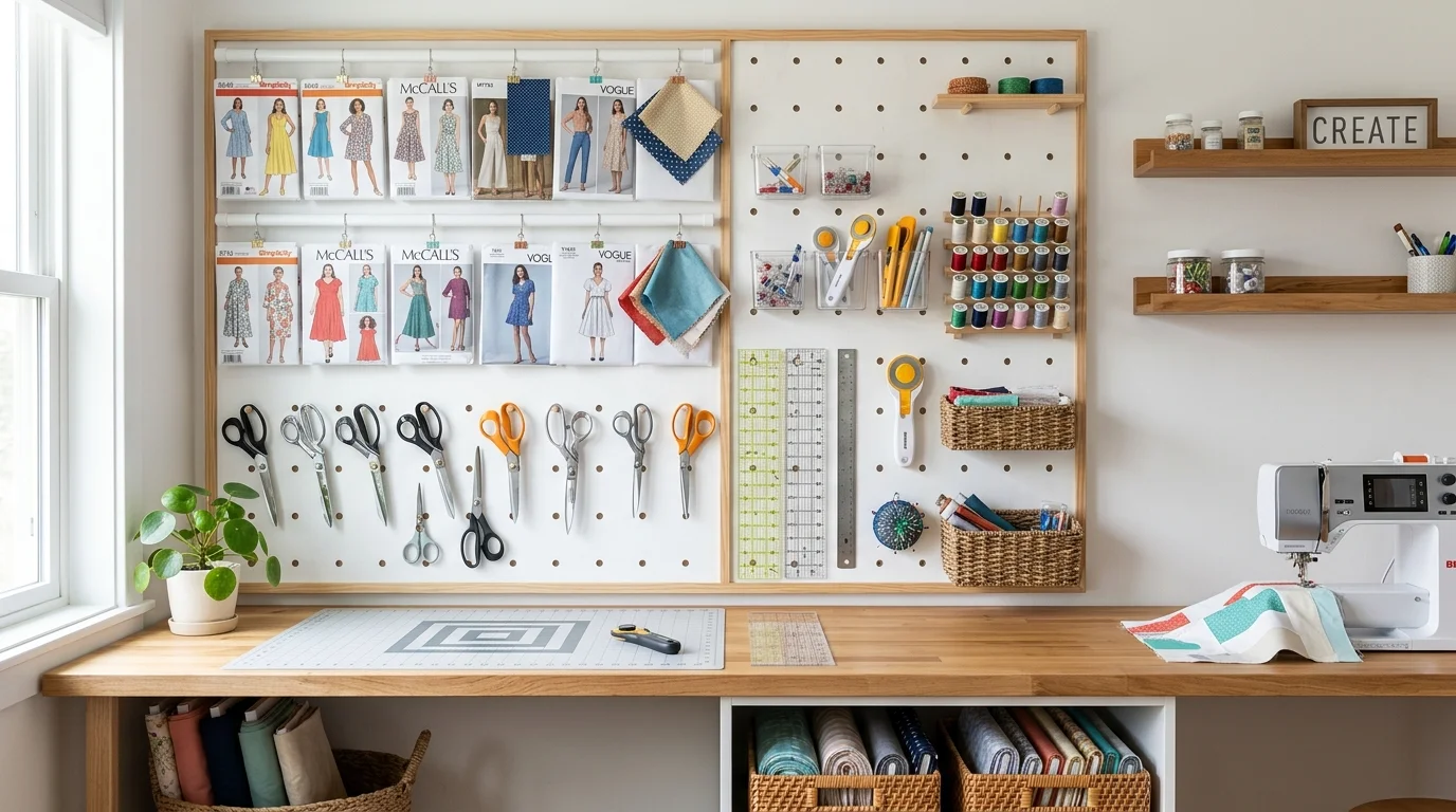 A wall with hanging organizers storing patterns and tools neatly bright lighting clean creative workspace no people