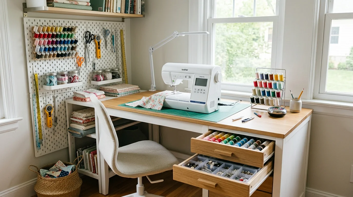 A sewing desk with drawers storing accessories and supplies organized neatly bright lighting clutter free functional area no people