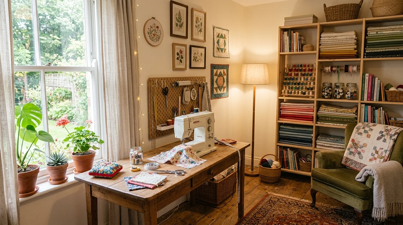 A cozy sewing room with soft lighting and decorative touches like plants and art bright natural light inspiring creative environment no people