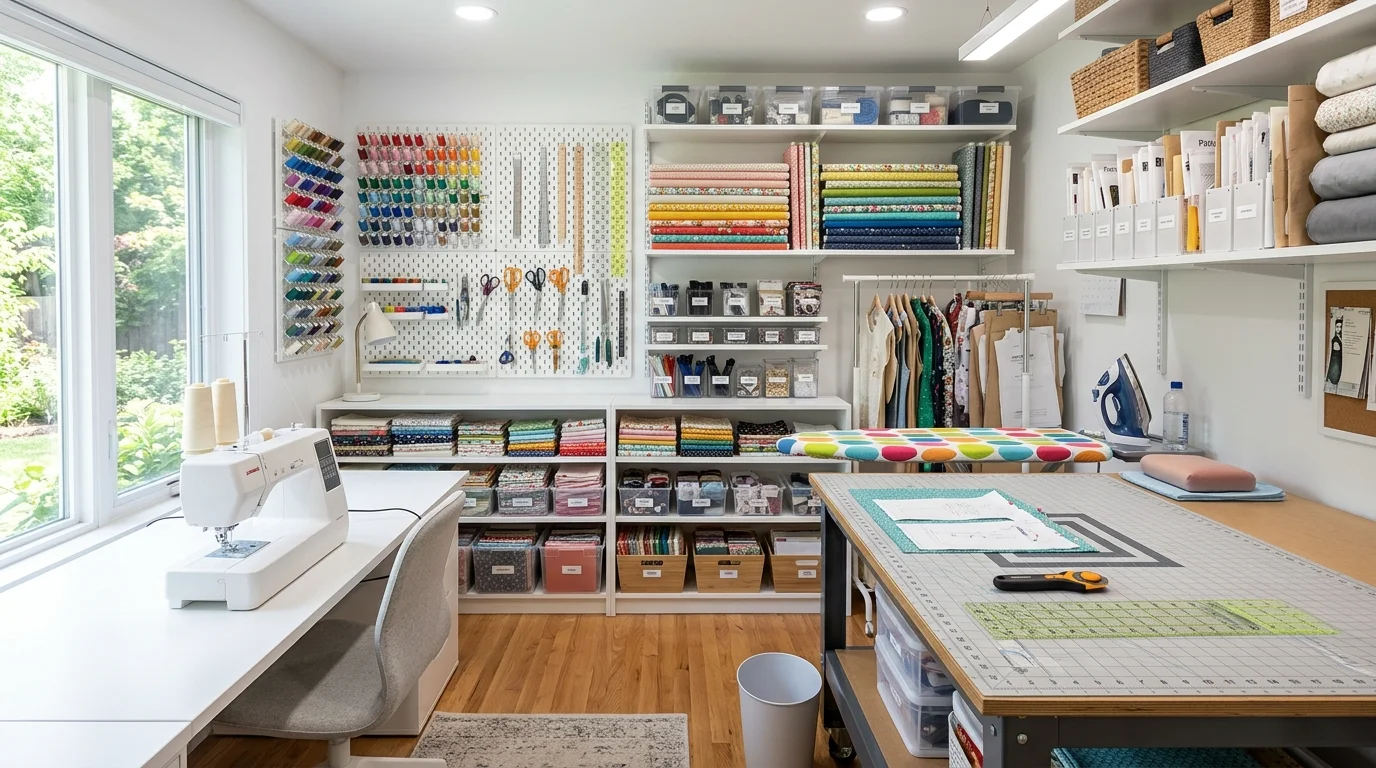 A well organized sewing room overview with all tools fabrics and supplies neatly arranged bright lighting efficient productive craft space no people