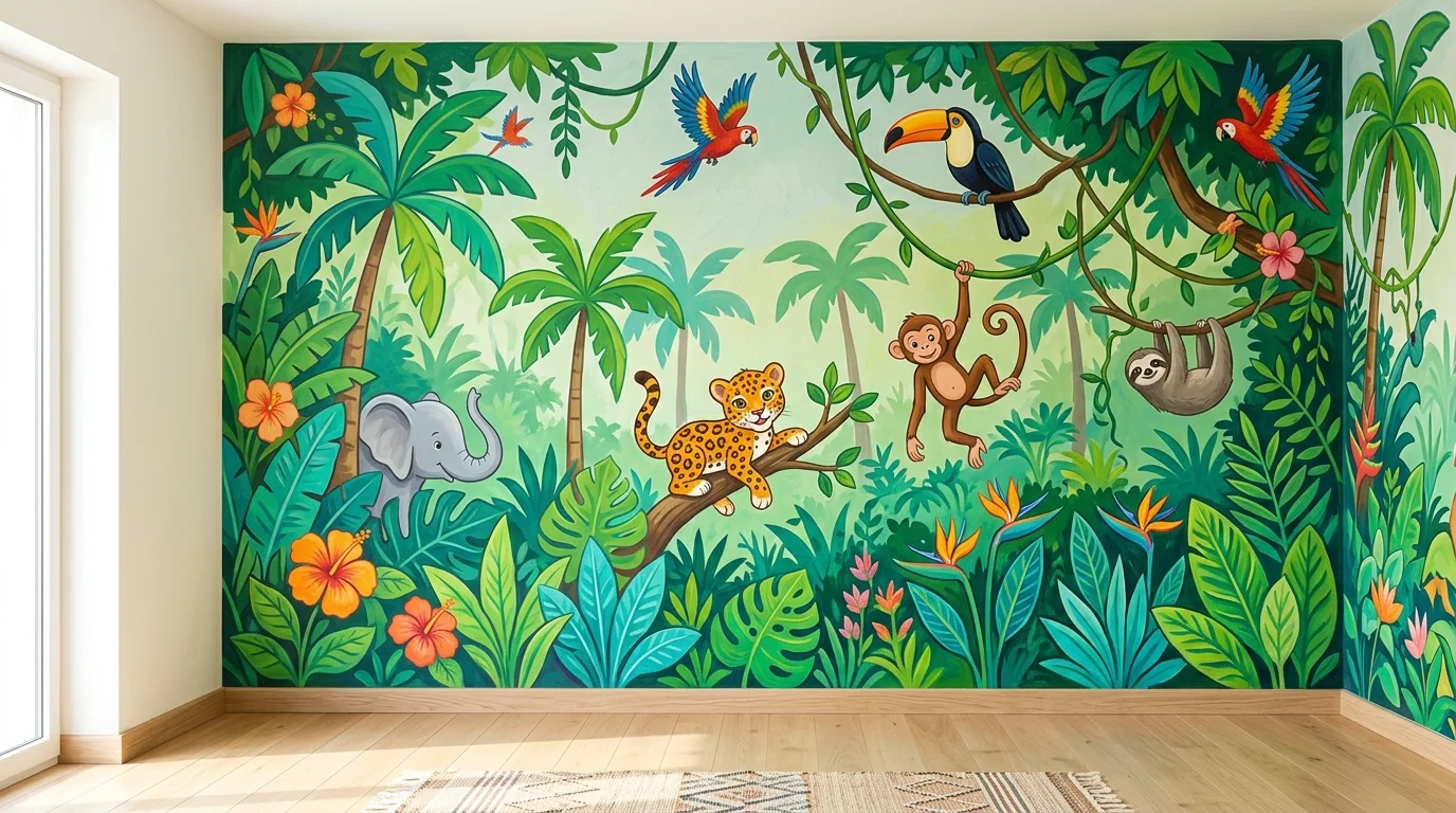 A wall featuring a jungle theme with animals trees and greenery in vibrant colors bright lighting fun adventurous atmosphere no people
