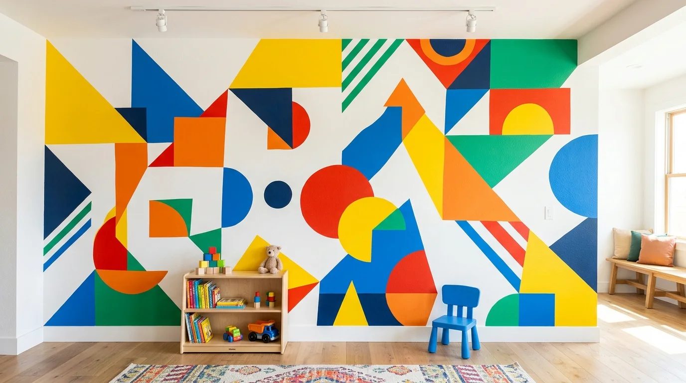 A room with a whimsical cloud pattern painted in soft pastel tones bright lighting calm yet creative environment no people