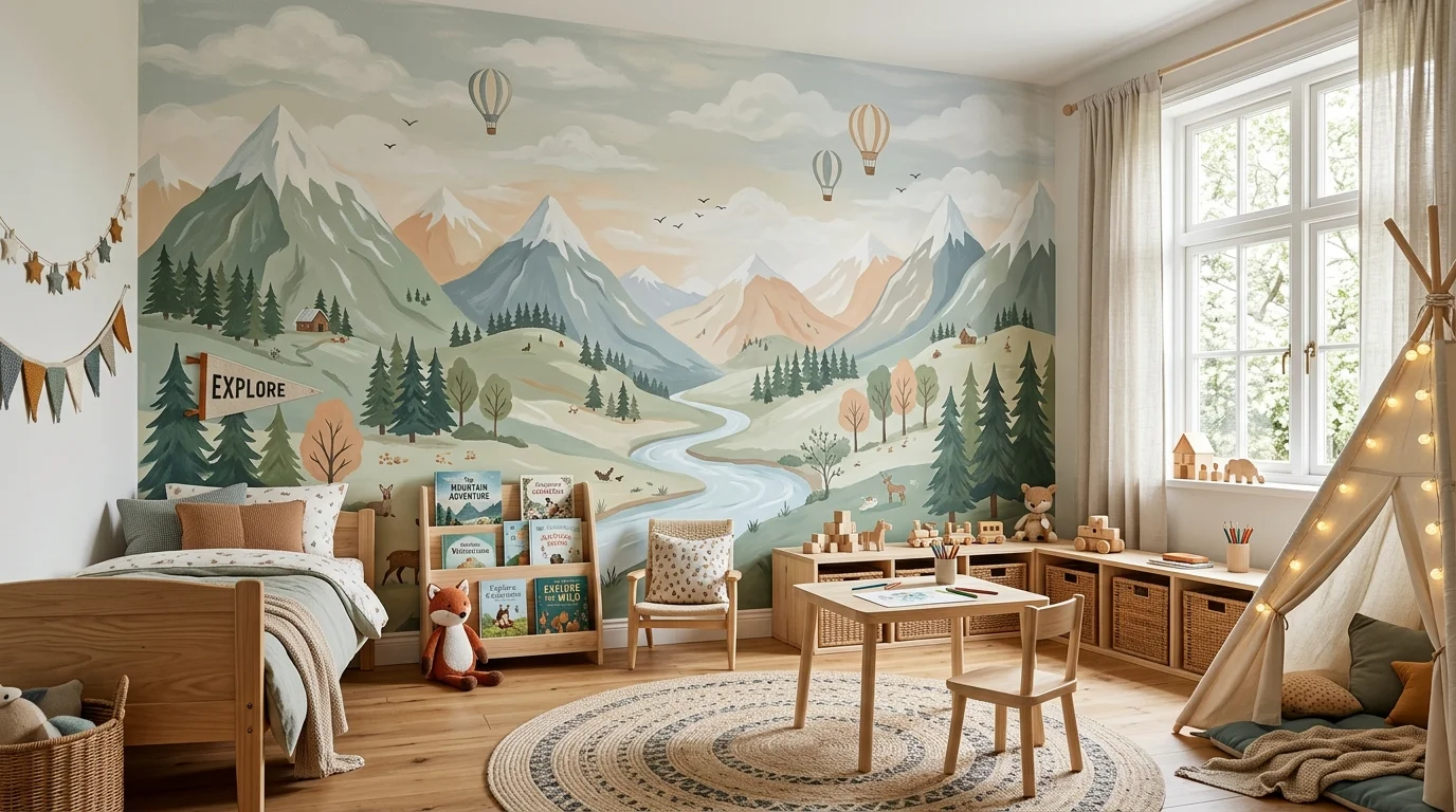 A wall painted with cartoon style houses and streets bright lighting lively playful scene no people