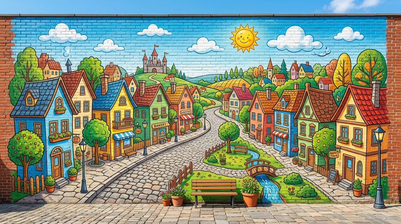 A room with a space theme mural featuring rockets stars and planets bright lighting fun imaginative decor no people