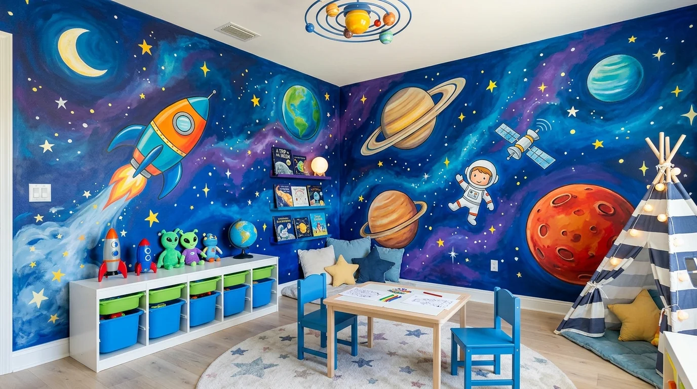 A wall with animal silhouettes in bright colors bright natural daylight simple yet playful design no people