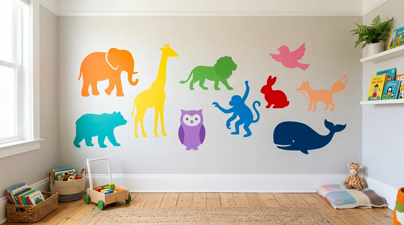 A kids room with a mural of an underwater scene with fish and coral bright lighting vibrant imaginative ocean theme no people