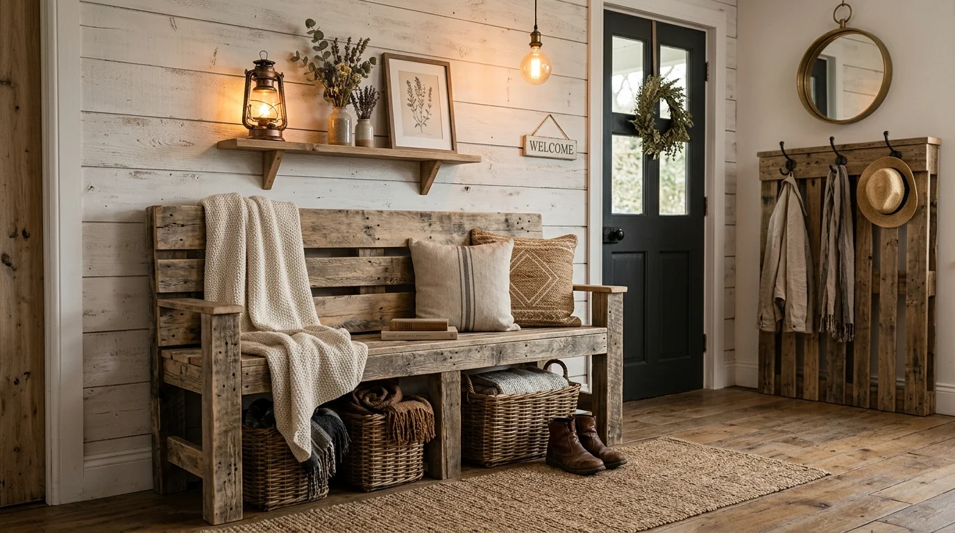 A bench made from repurposed pallets with a rustic finish and storage underneath warm soft lighting charming farmhouse entryway idea no people