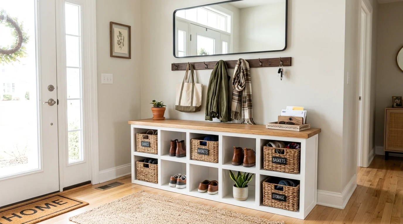A DIY bench with built in cubbies for shoes and baskets placed in an entryway bright lighting functional organized space no people