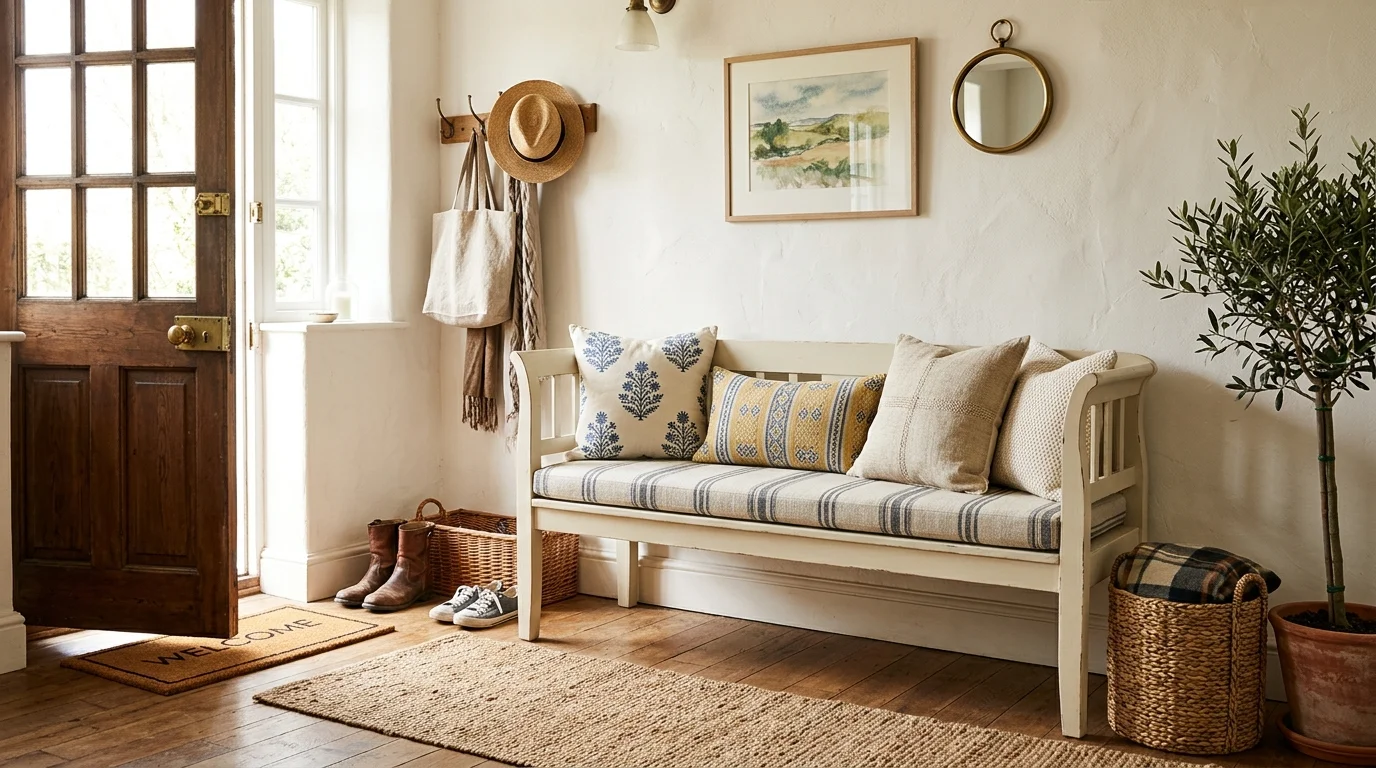 A simple painted bench with a cushioned seat and decorative pillows bright natural light cozy welcoming entry setup no people