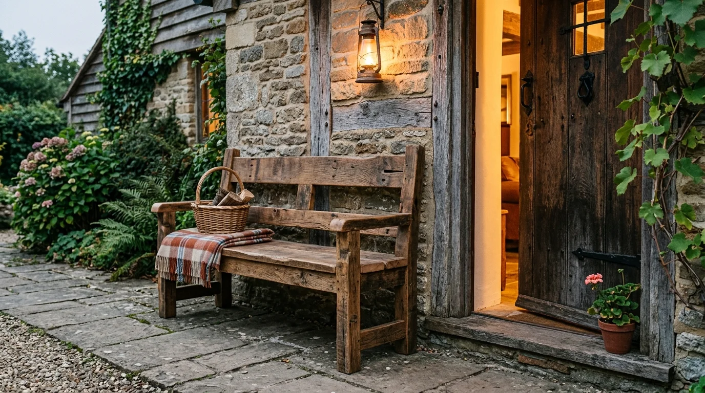A bench built with reclaimed wood featuring a distressed finish placed near a doorway warm lighting rustic DIY charm no people