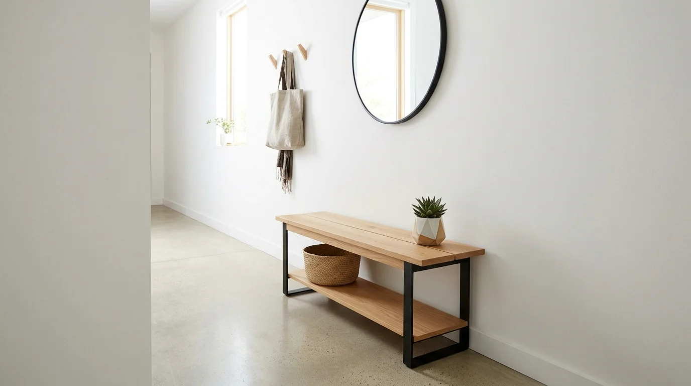 A narrow entryway bench with a sleek modern design and minimal decor bright lighting compact space saving solution no people