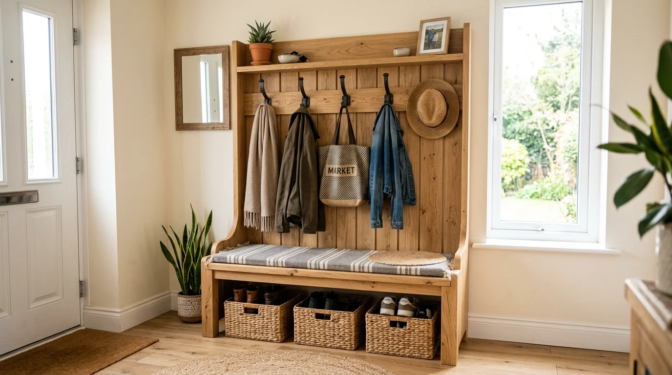 A DIY bench with hooks and a back panel for hanging coats bright natural daylight all in one functional entryway unit no people