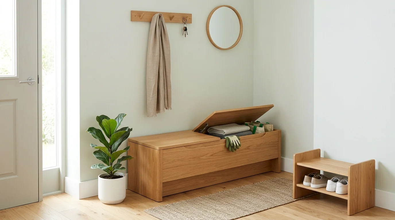 A bench with hidden storage under a lift up seat placed in a small entryway bright lighting smart clutter free design no people