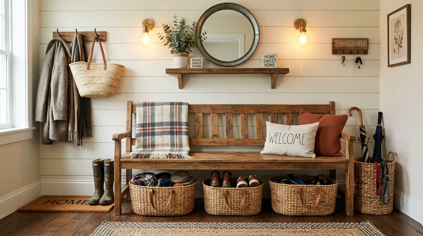 A farmhouse style bench with a wooden frame and woven baskets underneath warm lighting cozy organized entry space no people