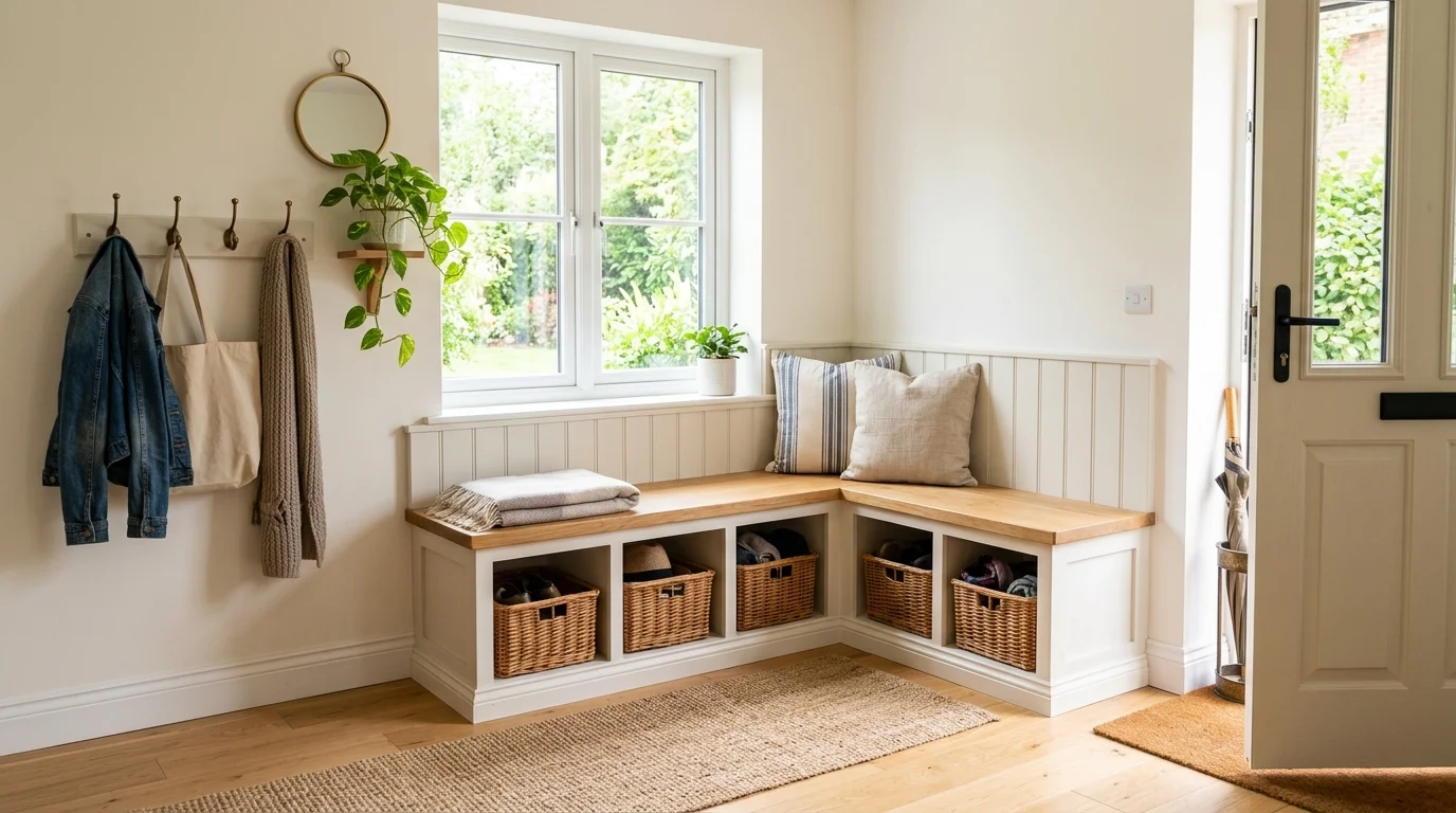 A corner bench built to fit snugly in an entryway maximizing space bright natural daylight efficient DIY solution no people
