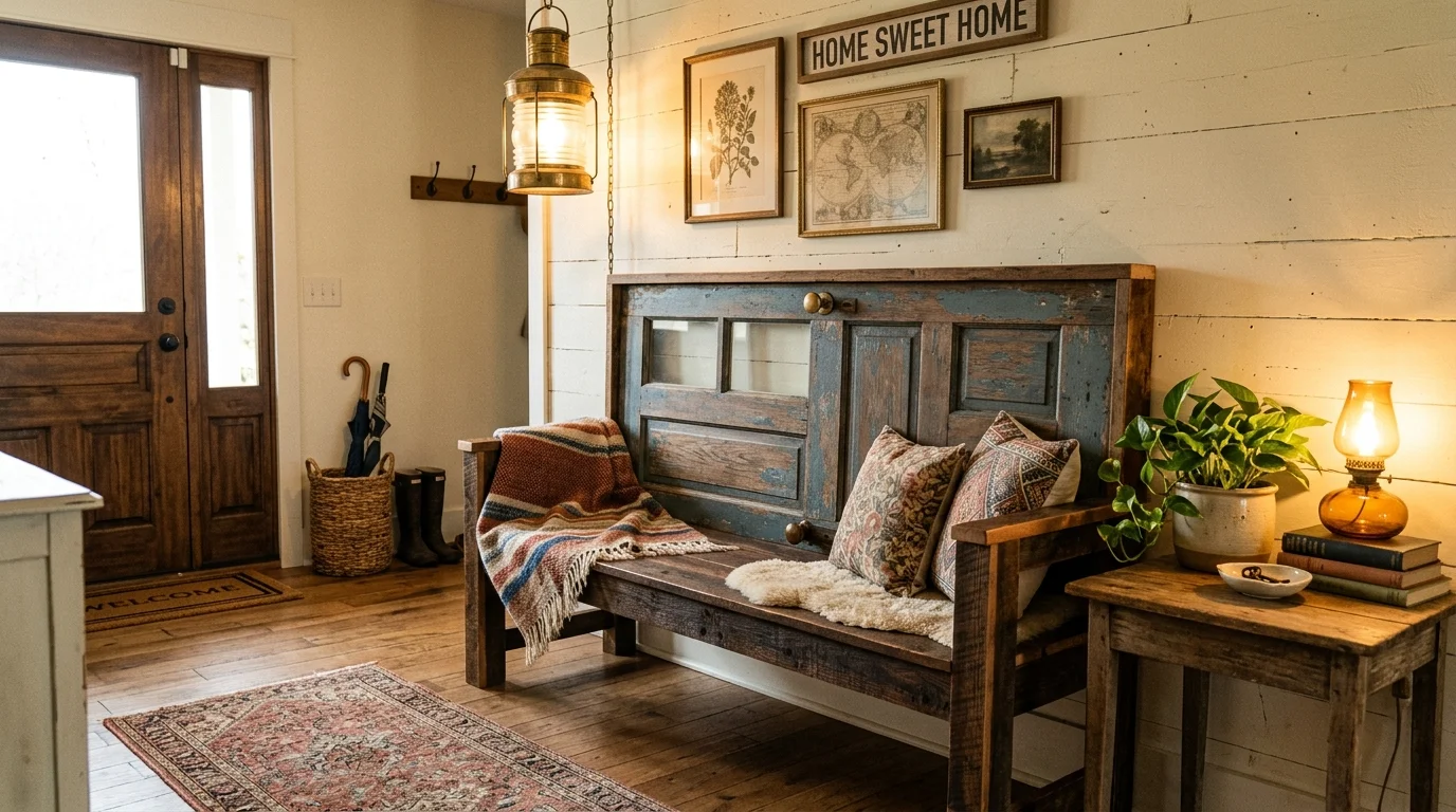 A bench made from a vintage door repurposed into seating placed in an entryway warm lighting unique creative DIY project no people