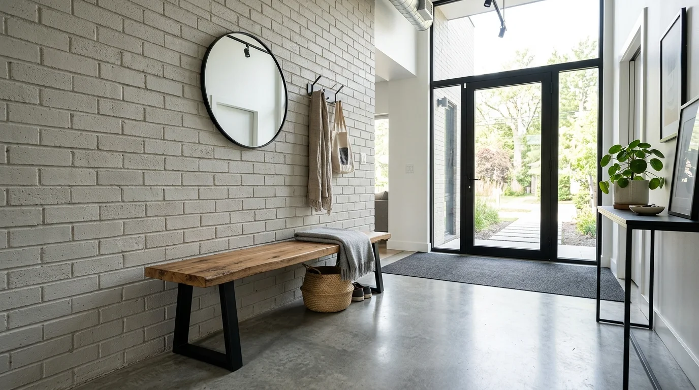 A simple bench with metal legs and a wooden top bright lighting modern industrial entryway design no people