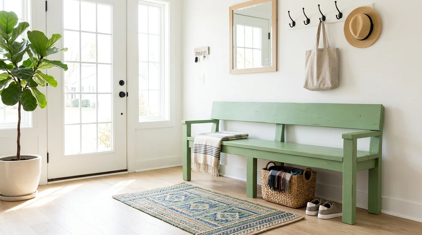 A DIY bench with a painted finish and simple design paired with a small rug bright natural daylight clean welcoming entry look no people