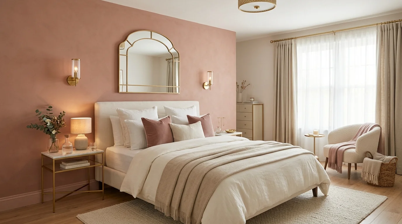 A bedroom with a feature wall in dusty rose paired with neutral bedding and gold accents soft diffused lighting elegant feminine design no people