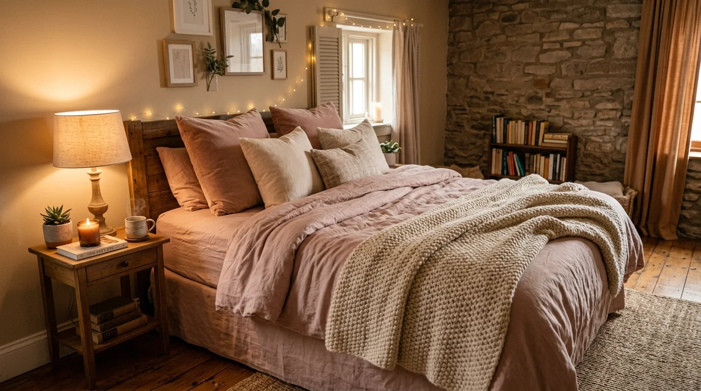 A cozy room with pink bedding fluffy pillows and a textured throw blanket warm soft lighting inviting comfortable vibe no people