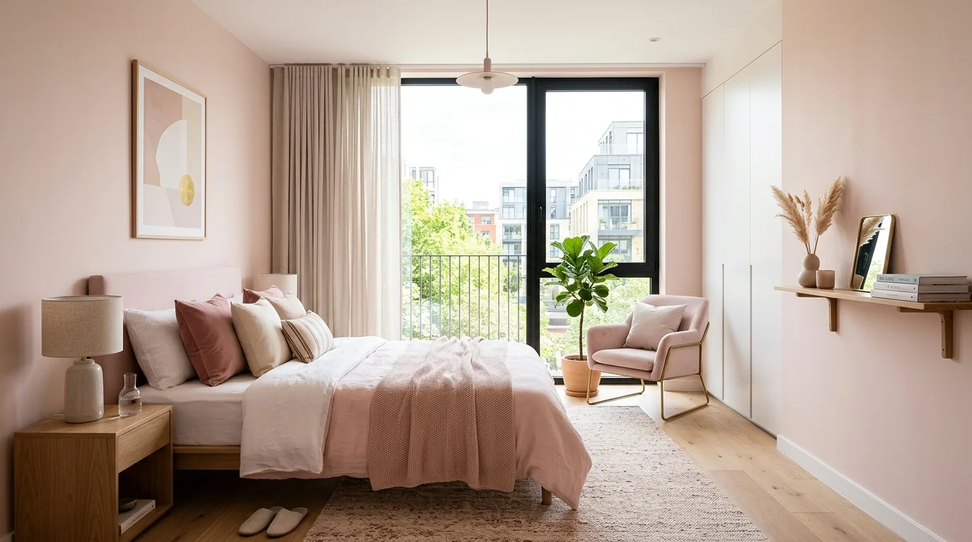 A modern pink bedroom with minimalist furniture clean lines and subtle decor bright natural daylight chic contemporary look no people