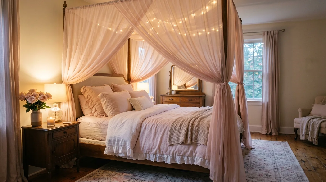 A bedroom with a canopy bed draped in light pink sheer fabric soft lighting dreamy romantic atmosphere no people