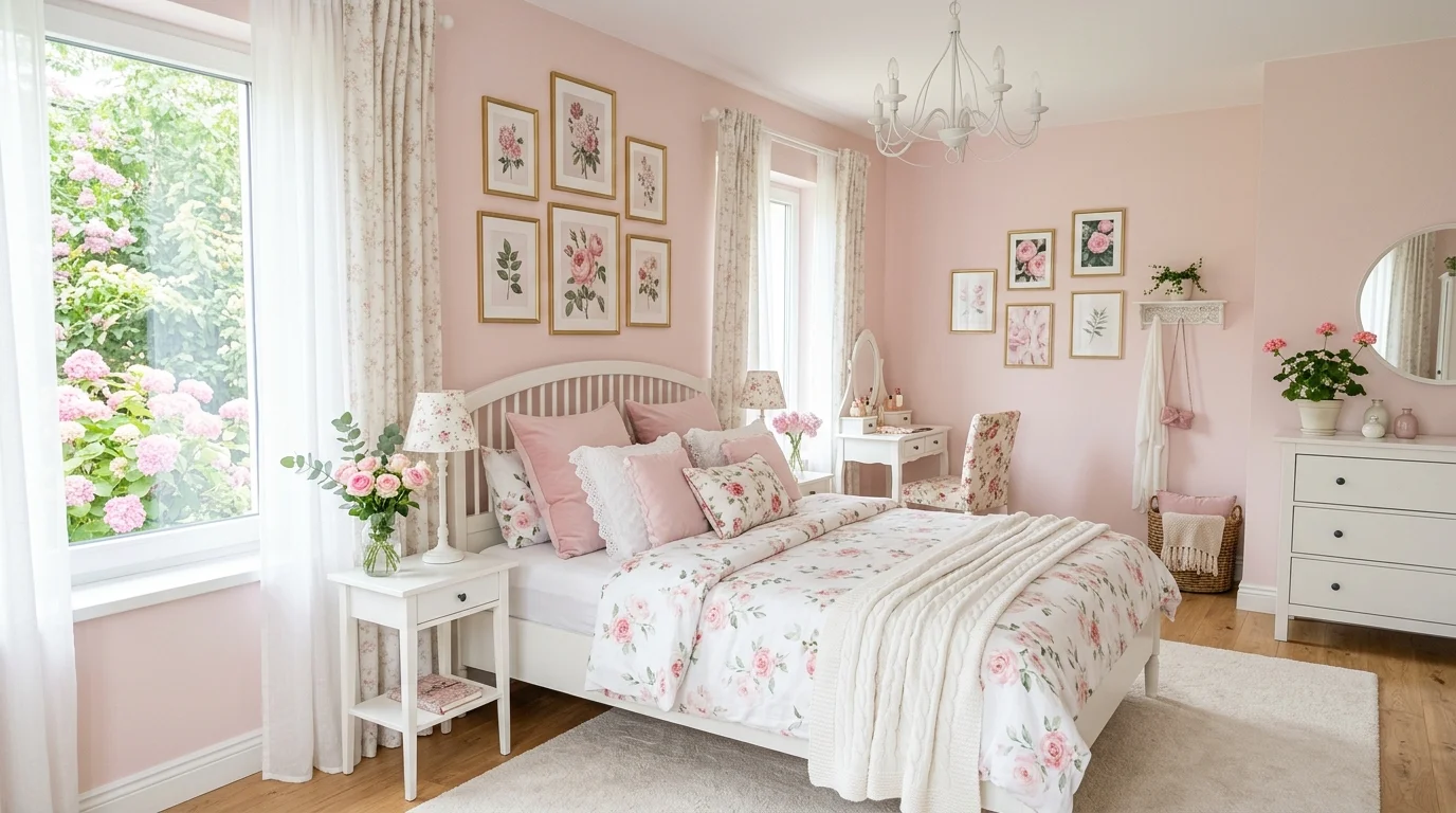 A pink and white bedroom with floral decor delicate patterns and soft textures bright natural light fresh feminine aesthetic no people