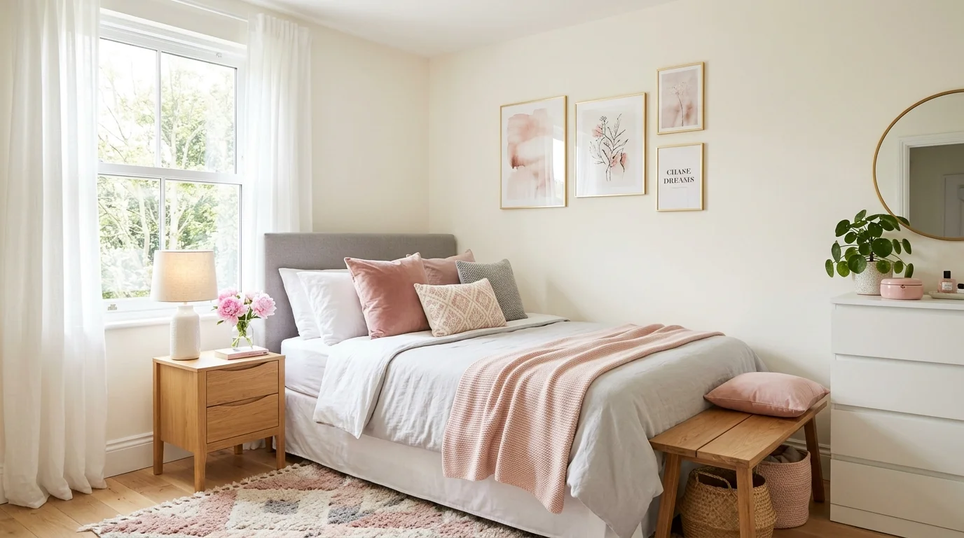A bedroom with pink accent decor like pillows rugs and artwork paired with neutral walls bright lighting subtle feminine touch no people