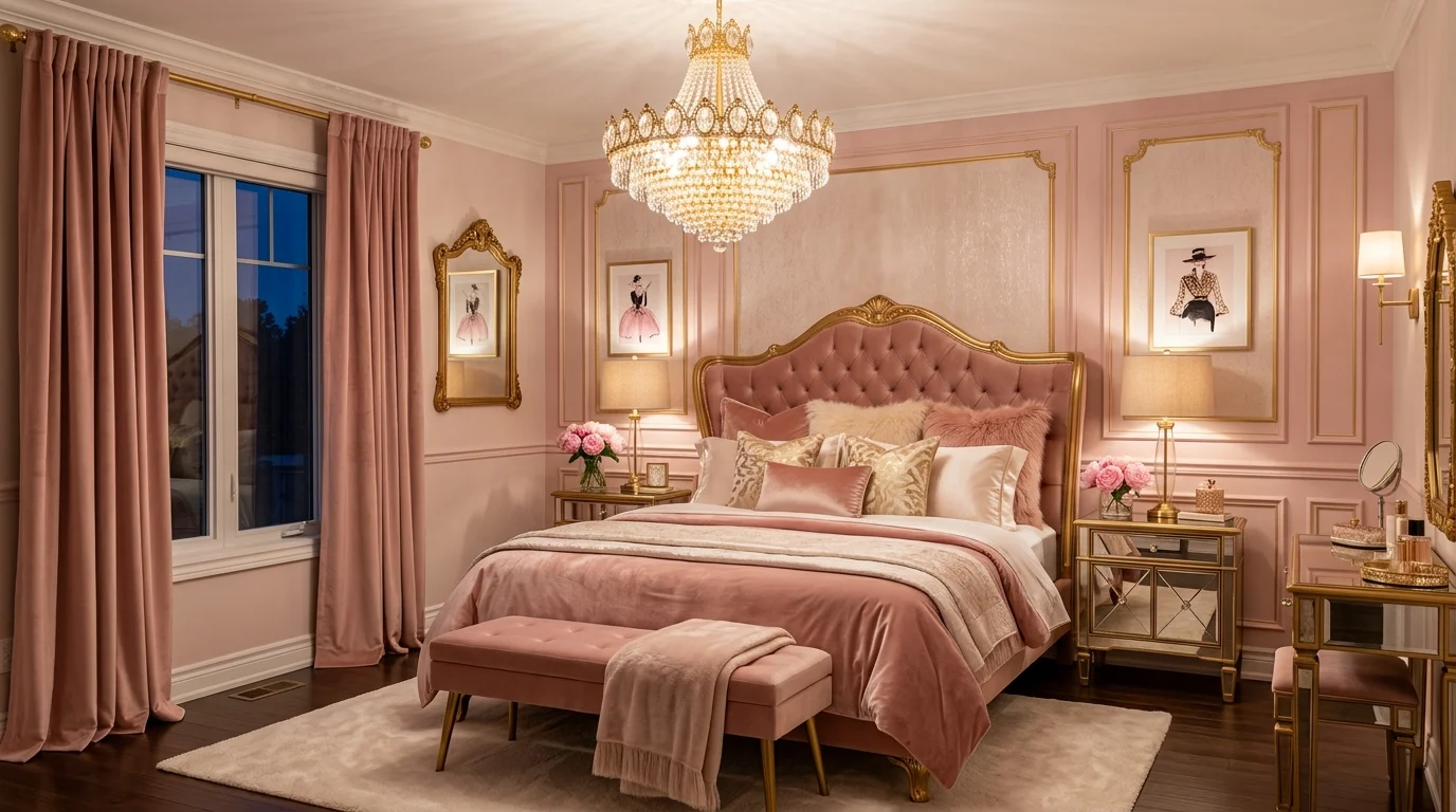 A glamorous pink bedroom with velvet textures gold accents and a statement chandelier soft warm lighting luxurious feminine feel no people