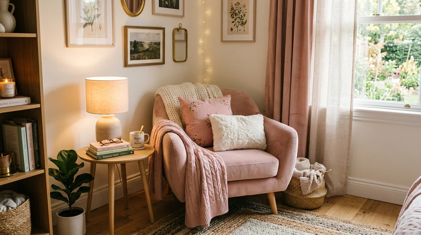 A cozy bedroom corner with a pink armchair soft cushions and a small side table warm lighting relaxing feminine nook no people