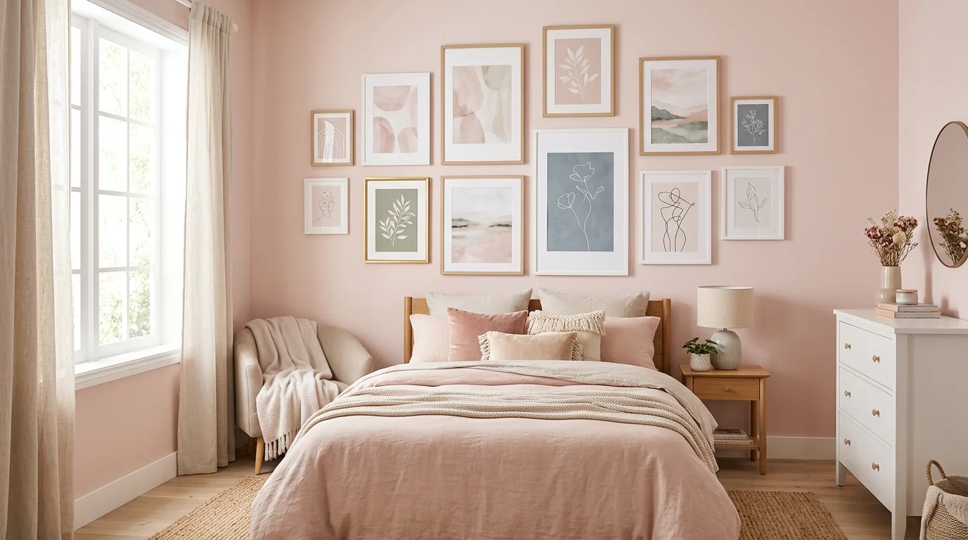 A pink bedroom with a gallery wall of soft toned artwork arranged neatly bright natural light personalized stylish decor no people