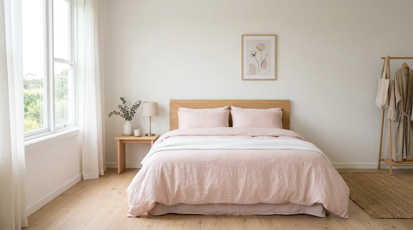 A minimalist bedroom with pale pink bedding and simple decor bright natural daylight clean serene feminine space no people