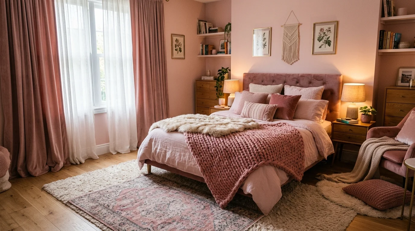 A pink bedroom with layered textures including rugs throws and curtains soft lighting cozy inviting atmosphere no people