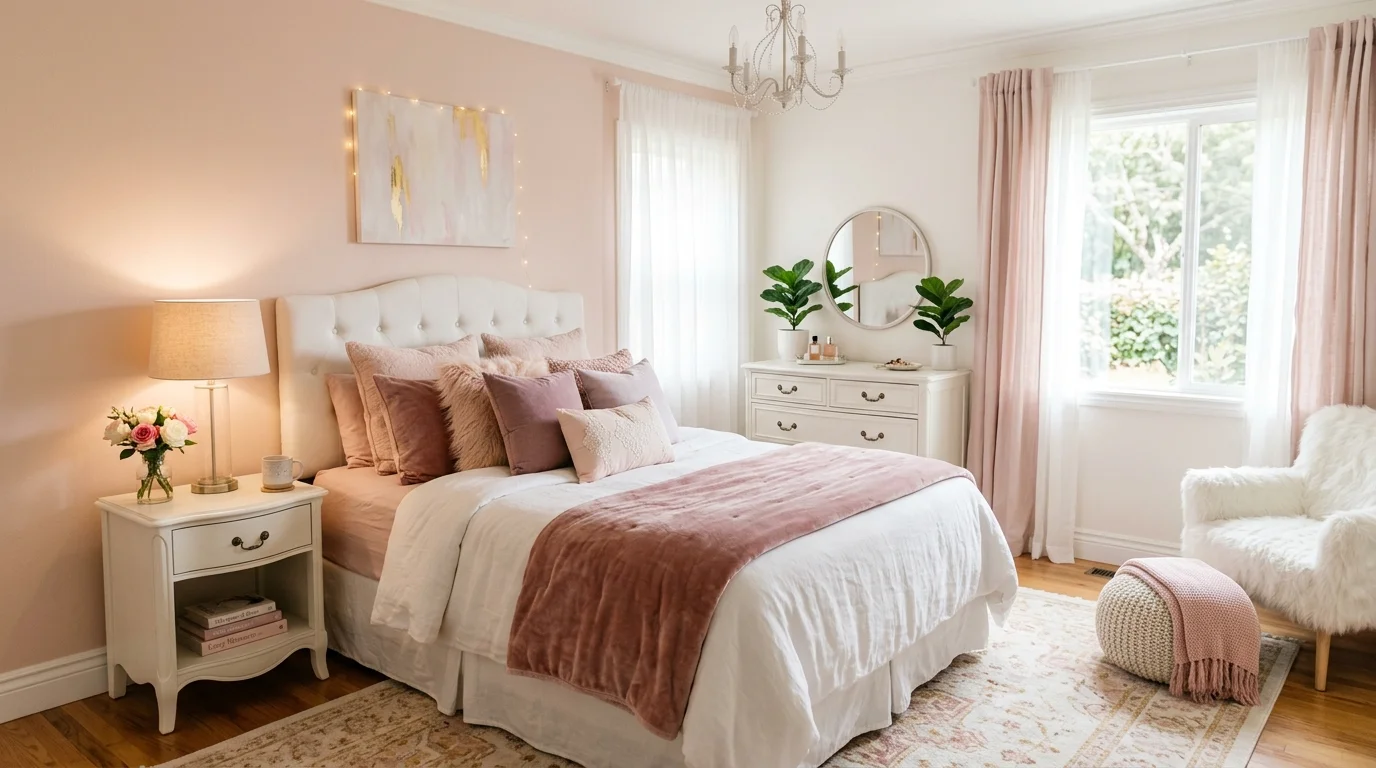 A soft feminine bedroom with a mix of pink tones white furniture and gentle lighting creating a peaceful sanctuary no people