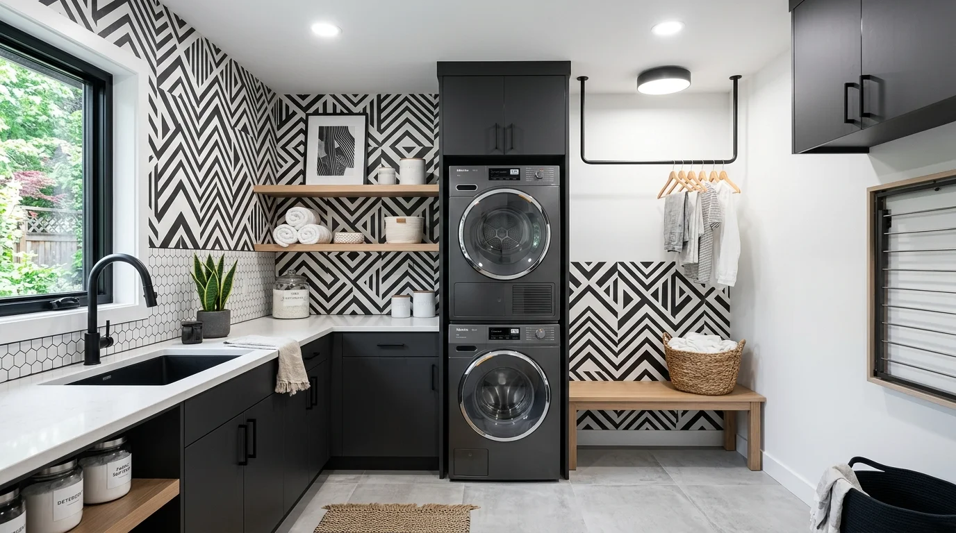 A space with bold geometric wallpaper in black and white paired with modern fixtures bright lighting stylish contemporary laundry design no people