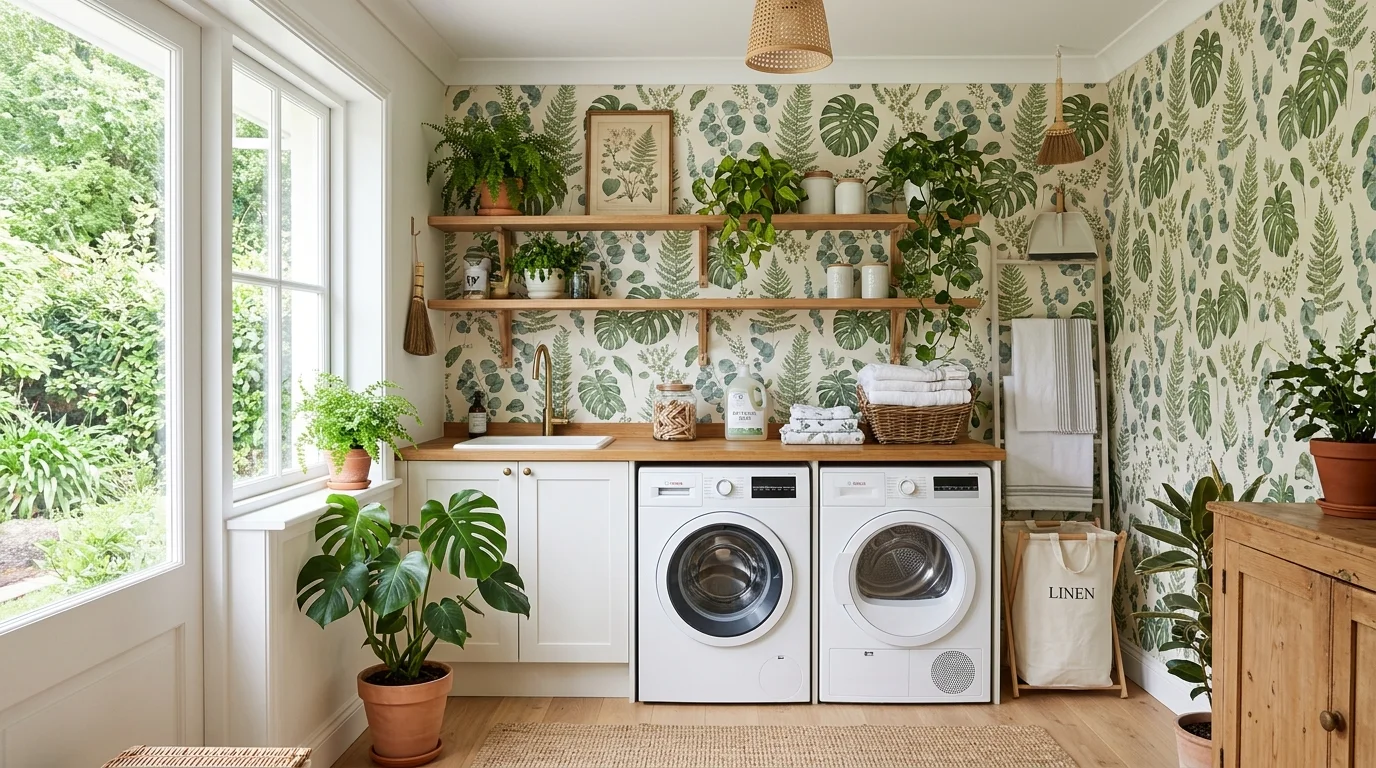 A laundry room with botanical wallpaper featuring leafy patterns bright natural light fresh nature inspired decor no people