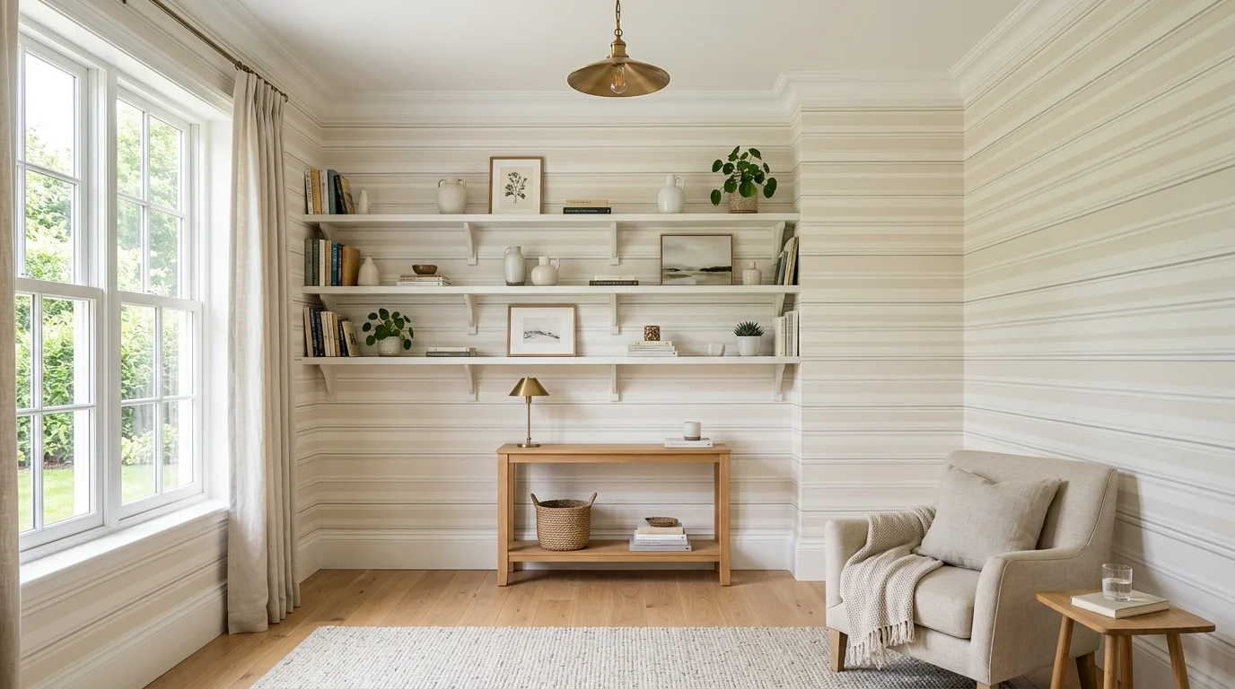 A room with striped wallpaper in soft neutral tones paired with simple shelving bright lighting clean elegant look no people