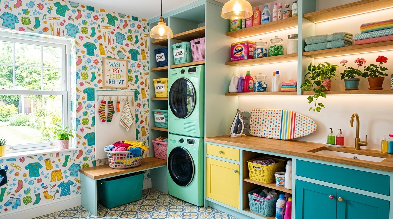 A laundry space with bright colorful wallpaper featuring playful patterns cheerful lighting fun energetic chore area no people