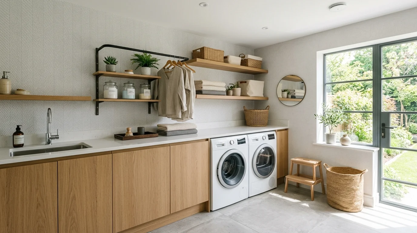 A modern laundry room with minimalist wallpaper in subtle textures bright natural daylight refined stylish design no people
