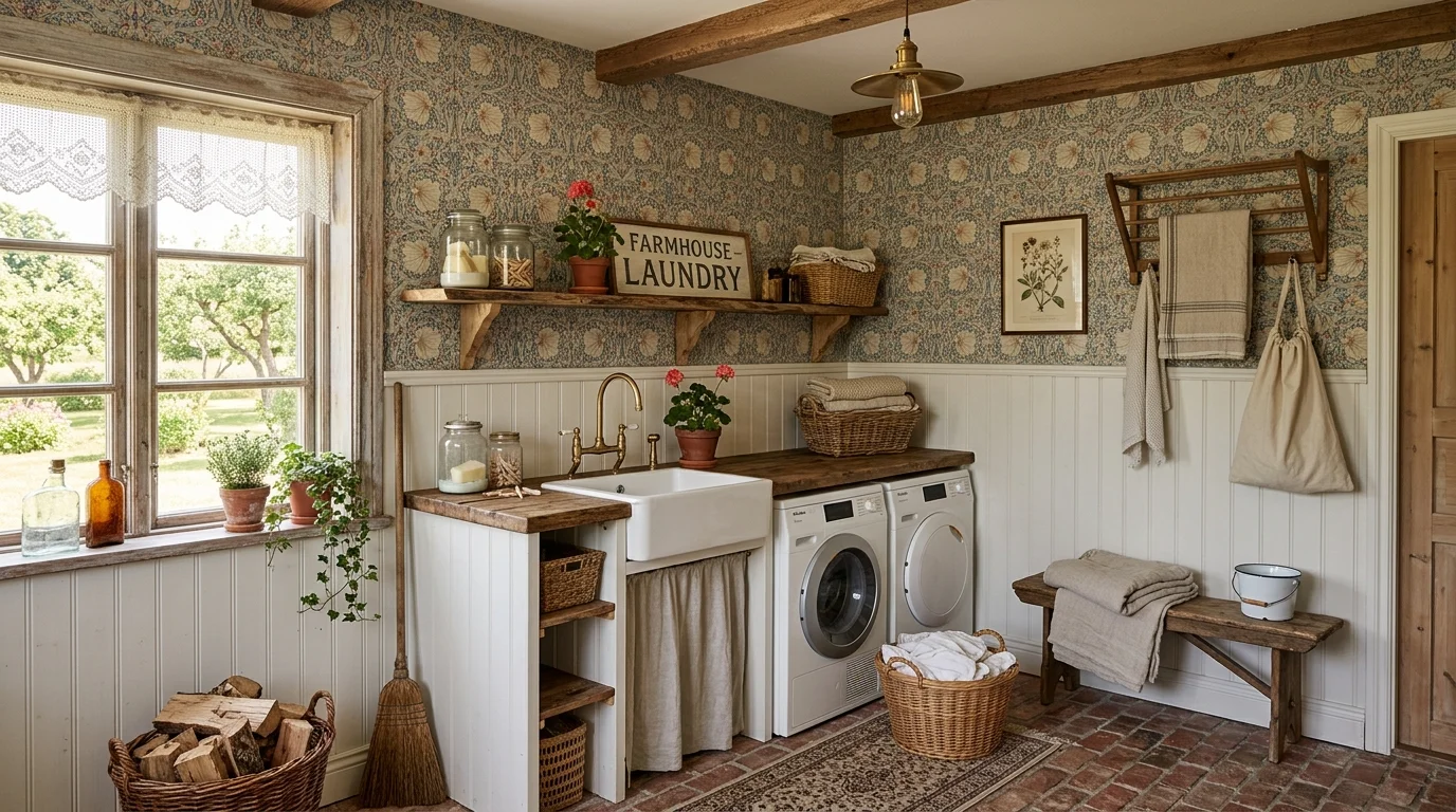 A farmhouse laundry room with vintage style wallpaper and rustic decor warm lighting cozy charming atmosphere no people