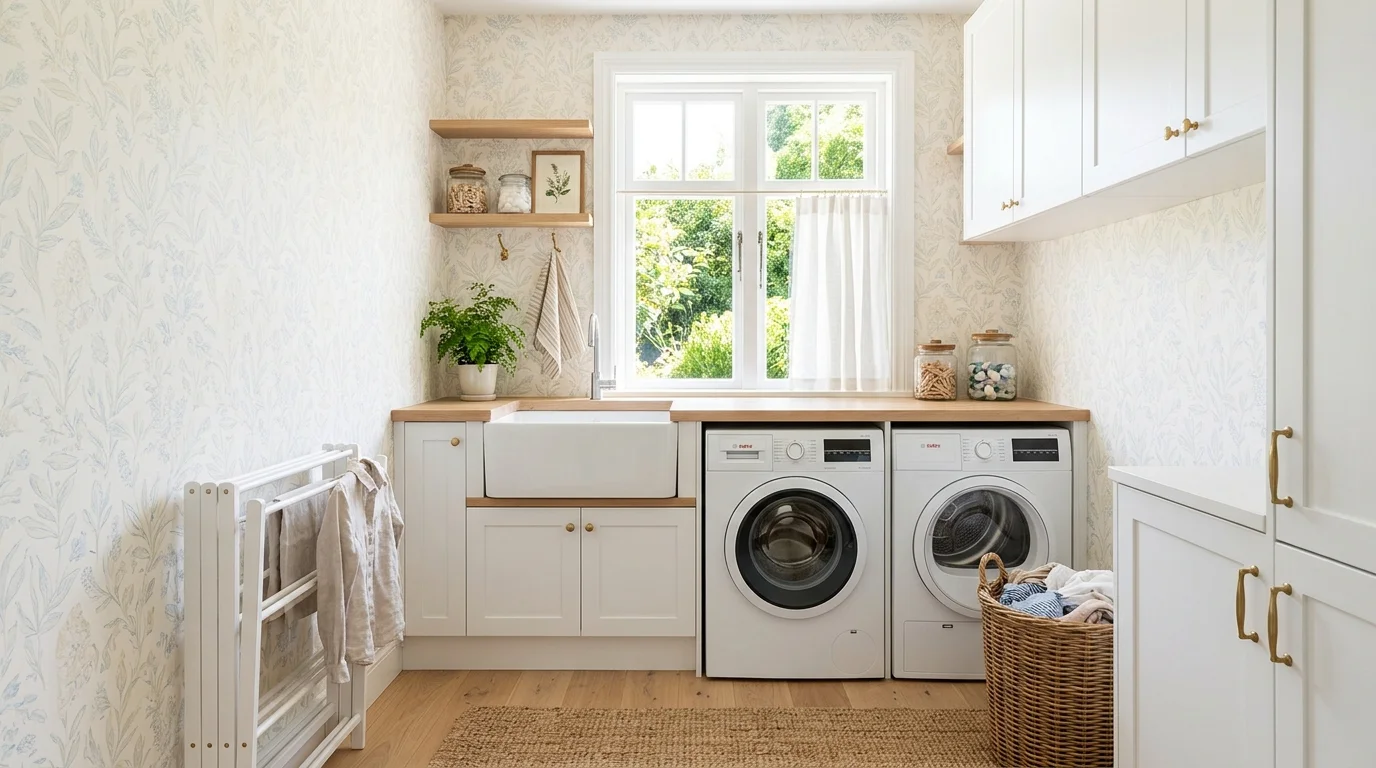A small laundry room with light wallpaper making the space feel larger bright natural light airy inviting design no people