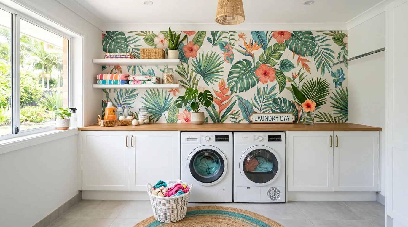 A space with tropical wallpaper paired with simple cabinets bright lighting vibrant refreshing laundry decor no people