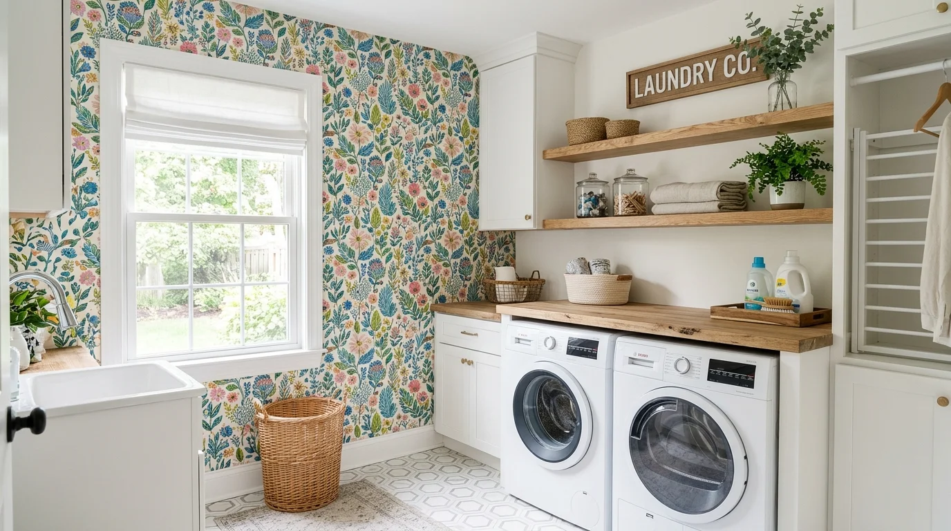 A laundry room with peel and stick wallpaper featuring floral motifs bright natural daylight easy stylish upgrade no people