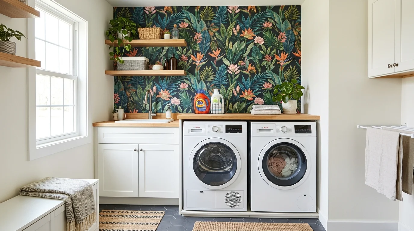 A room with wallpaper accent wall behind washer and dryer bright lighting bold decorative statement no people