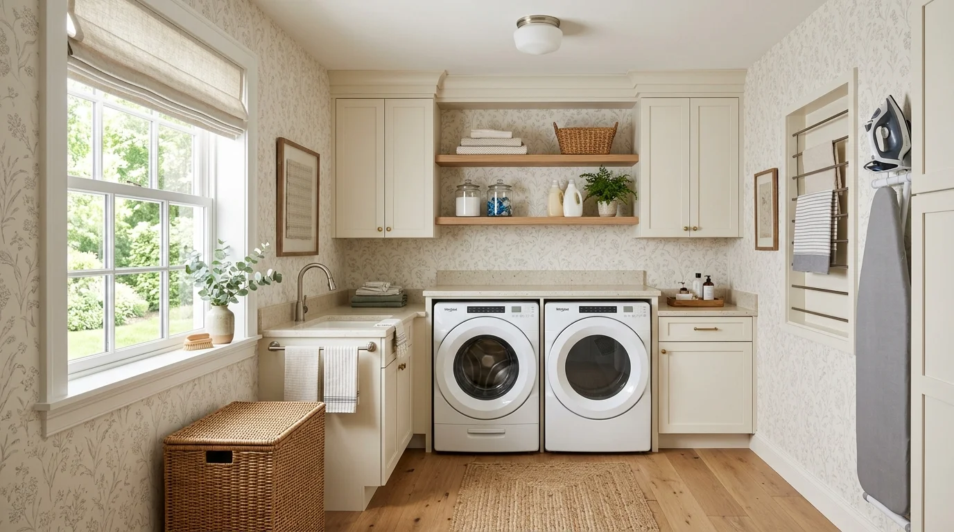 A bright laundry room with neutral wallpaper and subtle patterns creating a calm pleasant environment no people