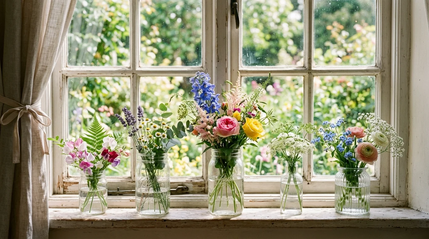 A window sill with a row of glass jars filled with flowers and greenery reflecting soft sunlight bright natural lighting delicate cozy decor no people