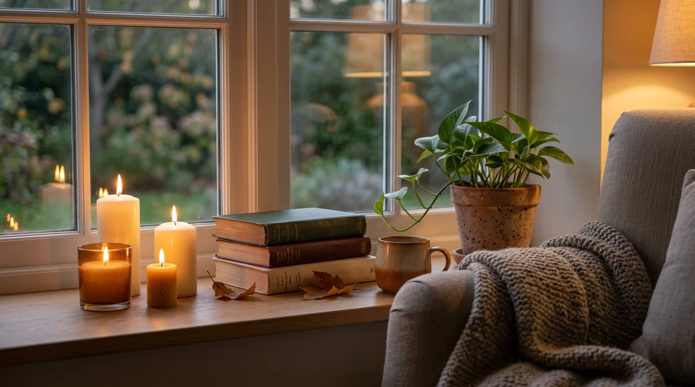 A cozy sill decorated with candles books and a small plant soft warm lighting inviting relaxing corner no people