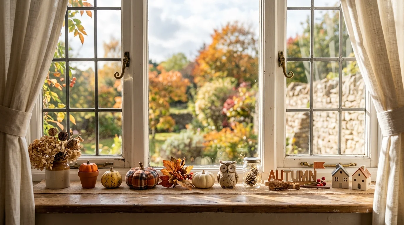 A window sill with seasonal decor including small pumpkins or ornaments arranged in a row bright natural light festive charming display no people