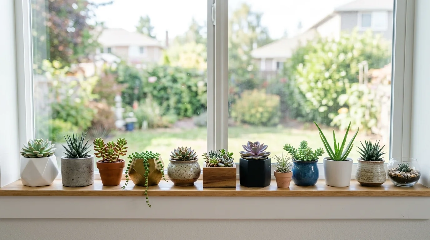 A sill with a mix of succulents in different shaped pots placed along the edge bright daylight clean modern look no people